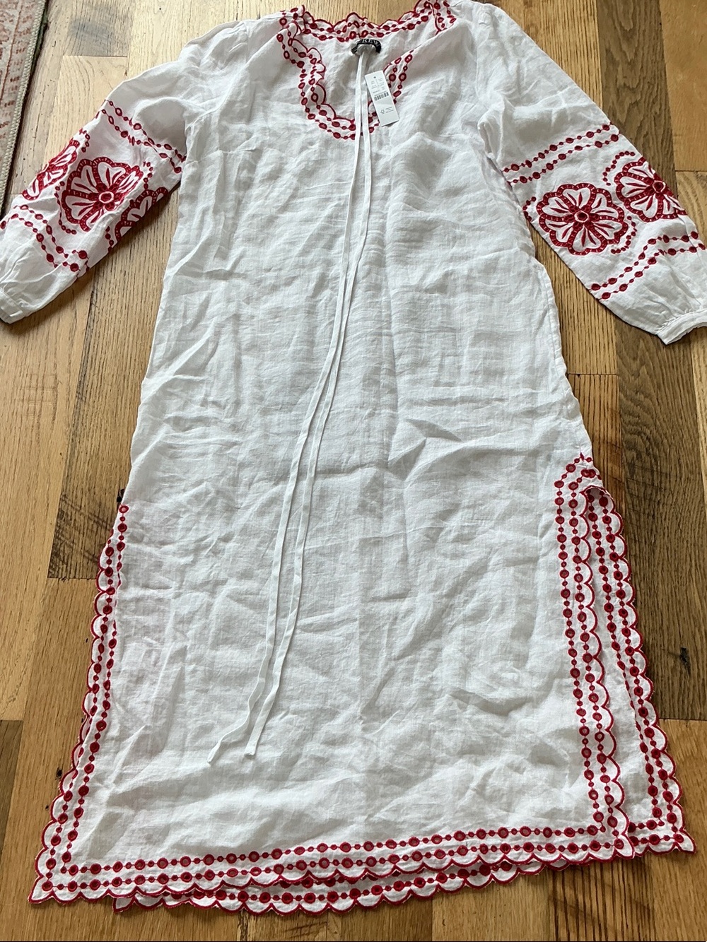 J. Crew White Linen Blouse with Red Embroidered Trim